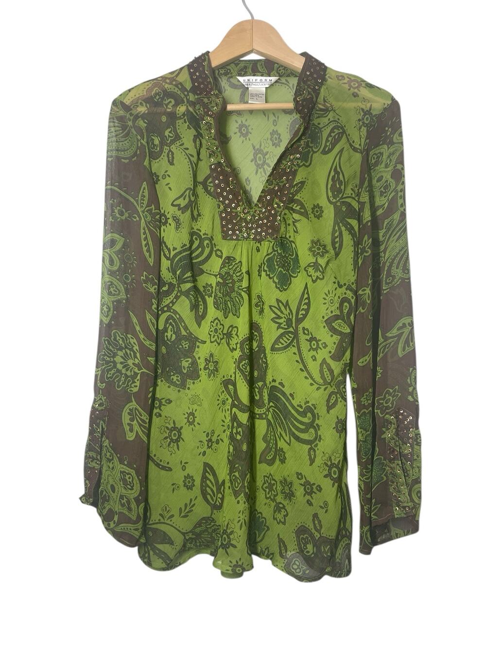 Uniform John Paul Richard Green Sheer Blouse Beaded Retro Vintage Size Large